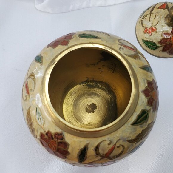 VTG Brass Cloisonné Enamel Lidded Ginger Jar Pot Urn Made in India 6 inches tall - Picture 10 of 13